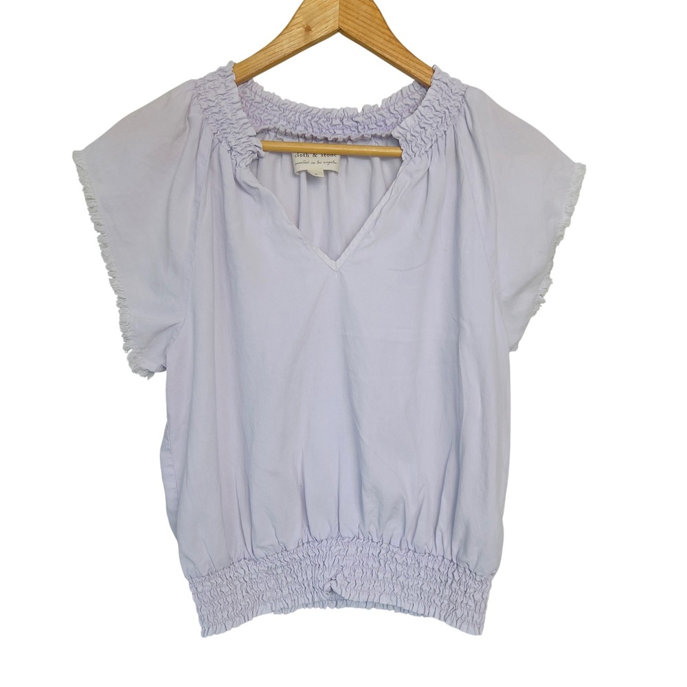 Cloth & Stone Lavender Smocked V-Neck Tencel Blouse Fringe‎ Sleeve